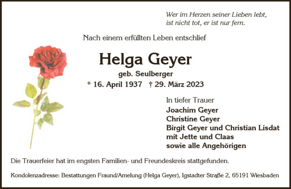  Traueranzeige für Helga Geyer vom 15.04.2023 aus Wiesbadener Kurier