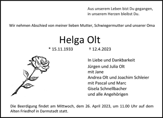 Traueranzeige von Helga Olt von Darmstädter Echo