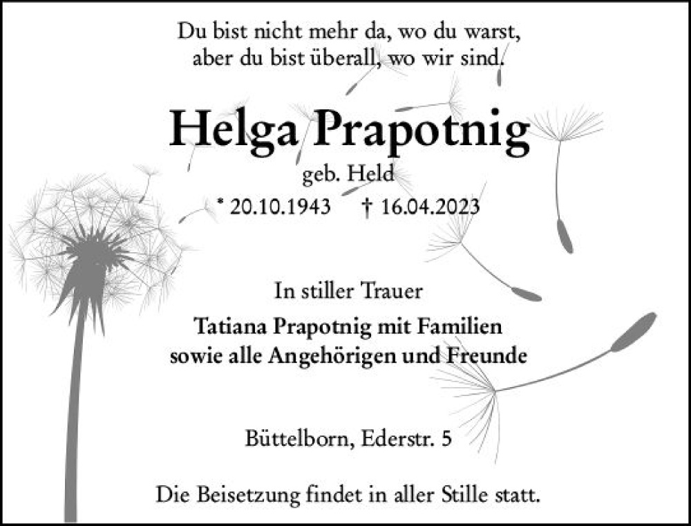  Traueranzeige für Helga Prapotnig vom 22.04.2023 aus Groß-Gerauer Echo