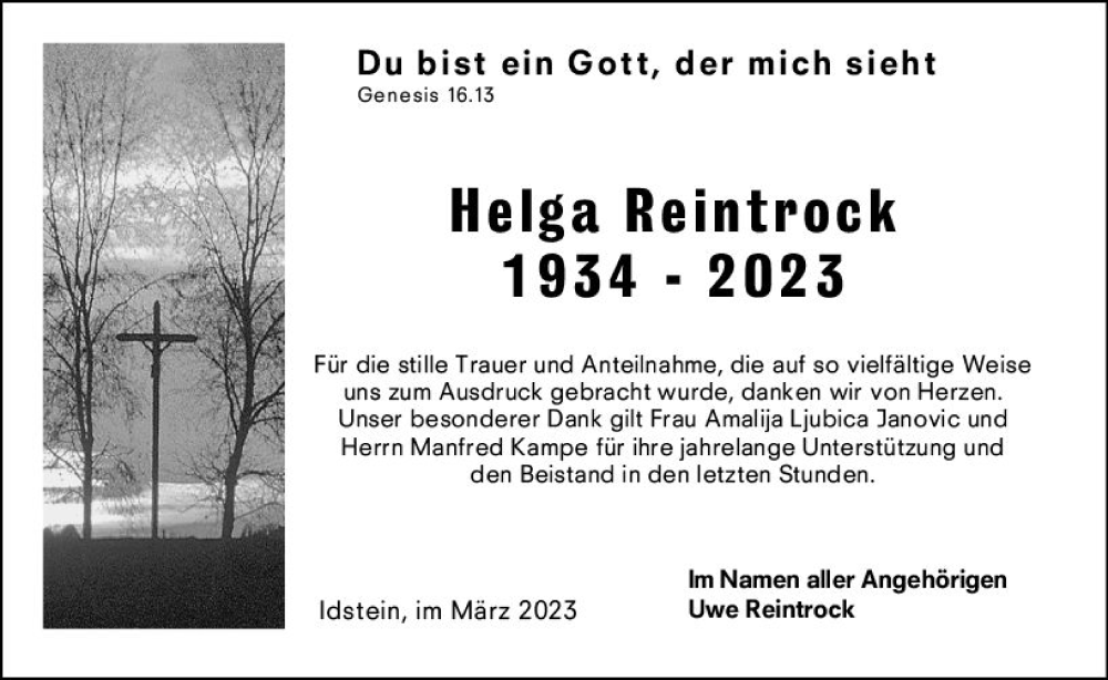  Traueranzeige für Helga Reintrock vom 15.04.2023 aus Wiesbadener Kurier