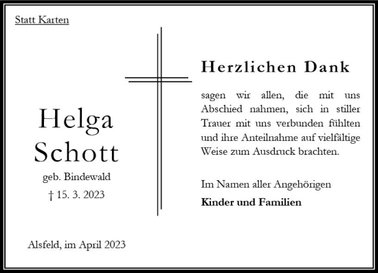 Traueranzeige von Helga Schott von Oberhessen Kurier