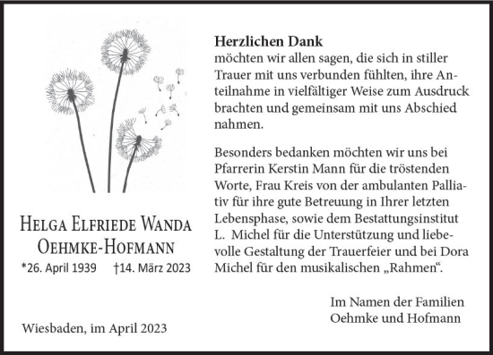 Traueranzeige von Helga Elfriede Wanda Oehmke-Hofmann von Wiesbadener Kurier