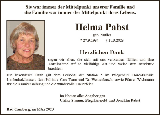 Traueranzeige von Helma Pabst von Camberger Anzeiger