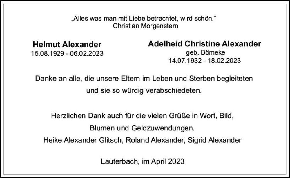  Traueranzeige für Helmut Alexander vom 22.04.2023 aus Oberhessen Kurier