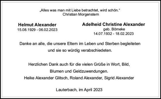 Traueranzeige von Helmut Alexander von Oberhessen Kurier
