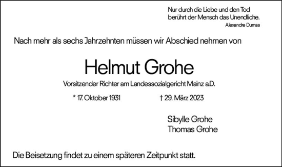 Traueranzeige von Helmut Grohe von Allgemeine Zeitung Mainz