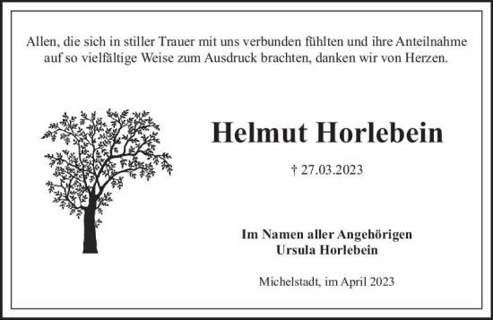 Traueranzeige von Helmut Horlebein von Odenwälder Echo