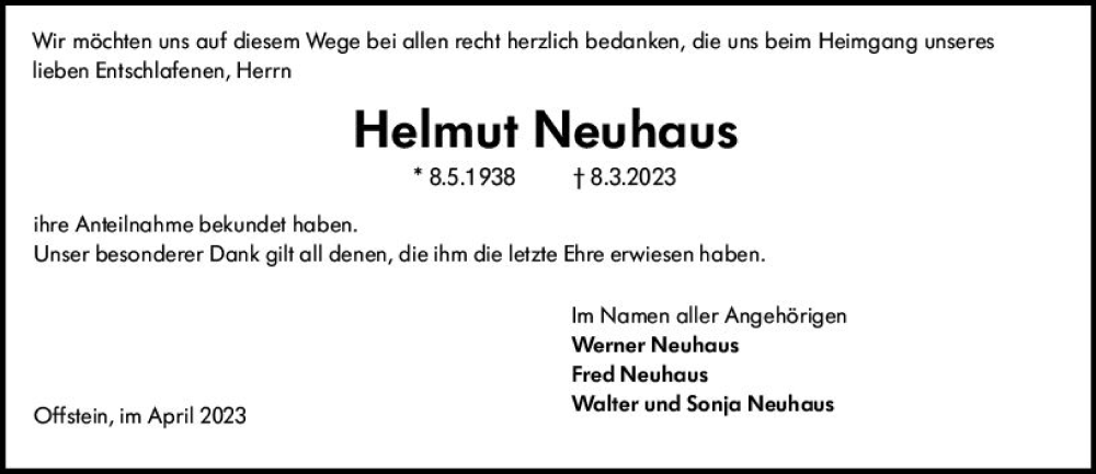  Traueranzeige für Helmut Neuhaus vom 08.04.2023 aus Wormser Zeitung