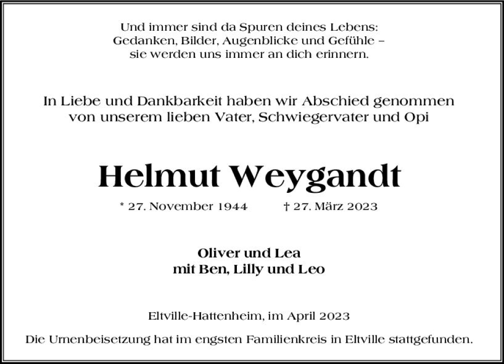  Traueranzeige für Helmut Weygandt vom 22.04.2023 aus Wiesbadener Kurier
