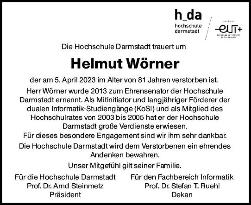  Traueranzeige für Helmut Wörner vom 29.04.2023 aus Darmstädter Echo