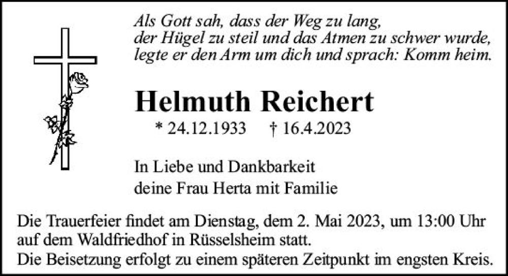  Traueranzeige für Helmuth Reichert vom 22.04.2023 aus Rüsselsheimer Echo