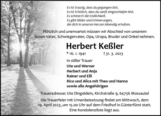 Traueranzeige von Herbert Keßler von Odenwälder Echo