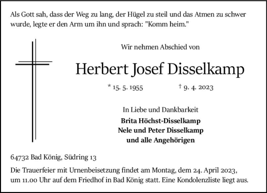 Traueranzeige von Herbert Josef Disselkamp von Odenwälder Echo