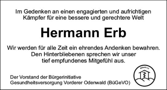 Traueranzeige von Hermann Erb von Starkenburger Echo