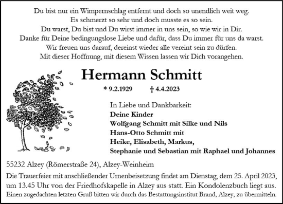 Traueranzeige von Hermann Schmitt von Allgemeine Zeitung Alzey