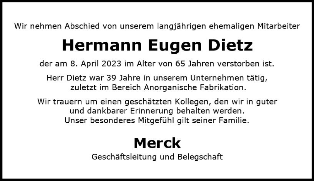  Traueranzeige für Hermann Eugen Dietz vom 19.04.2023 aus Darmstädter Echo