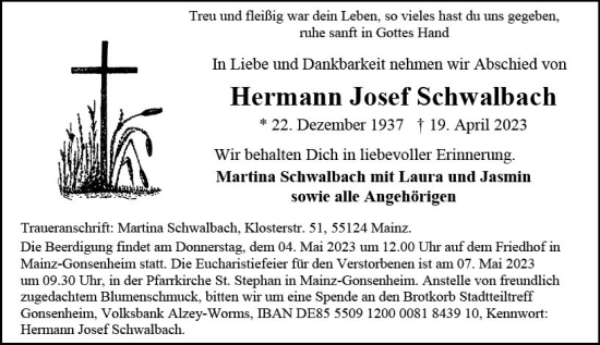 Traueranzeige von Hermann Josef Schwalbach von Allgemeine Zeitung Mainz