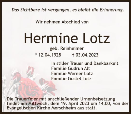 Traueranzeige von Hermine Latz von Allgemeine Zeitung Alzey