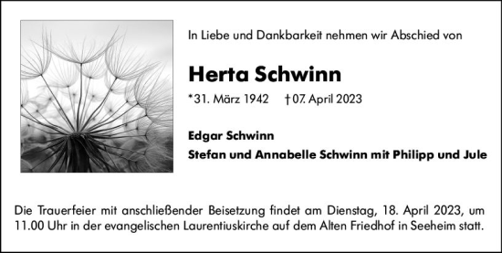Traueranzeige von Herta Schwinn von Darmstädter Echo
