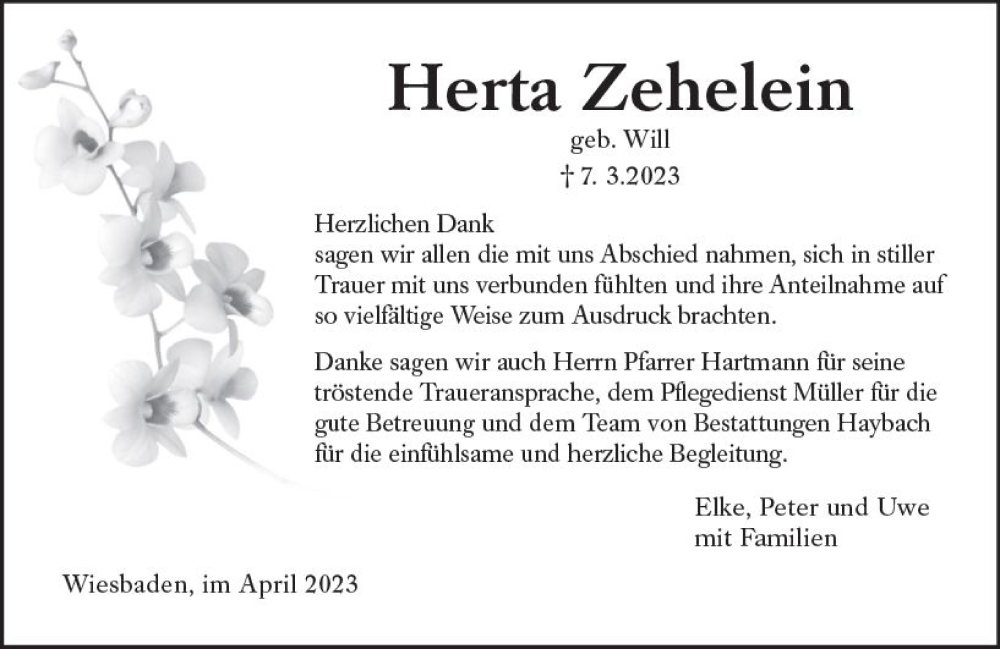  Traueranzeige für Herta Zehelein vom 08.04.2023 aus Wiesbadener Kurier