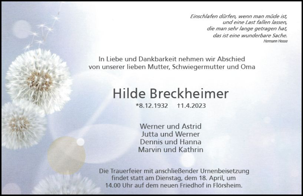  Traueranzeige für Hilde Breckheimer vom 08.04.2023 aus Rüsselsheimer Echo
