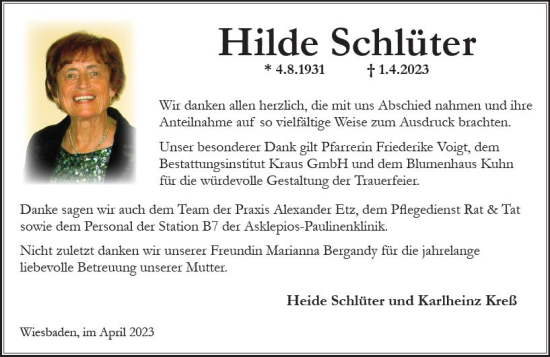 Traueranzeige von Hilde Schlüter von Wiesbadener Kurier