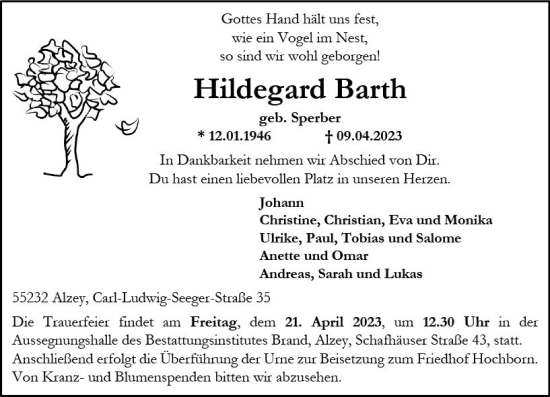 Traueranzeige von Hildegard Barth von Allgemeine Zeitung Alzey