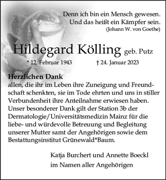 Traueranzeige von Hildegard Kölling von Allgemeine Zeitung Alzey