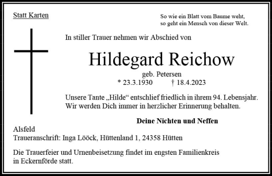 Traueranzeige von Hildegard Reichow von VRM Trauer