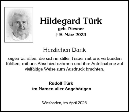 Traueranzeige von Hildegard Türk von Wiesbadener Kurier