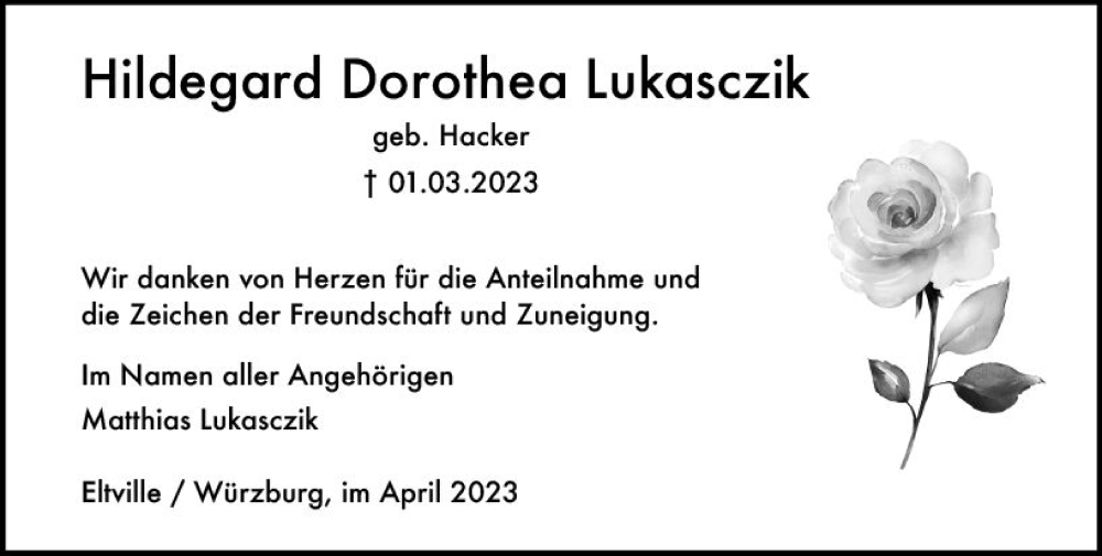  Traueranzeige für Hildegard Dorothea Lukasczik vom 08.04.2023 aus Wiesbadener Kurier