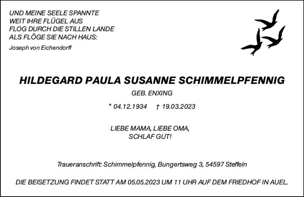  Traueranzeige für Hildegard Paula Susanne Schimmelpfennig vom 29.04.2023 aus Darmstädter Echo