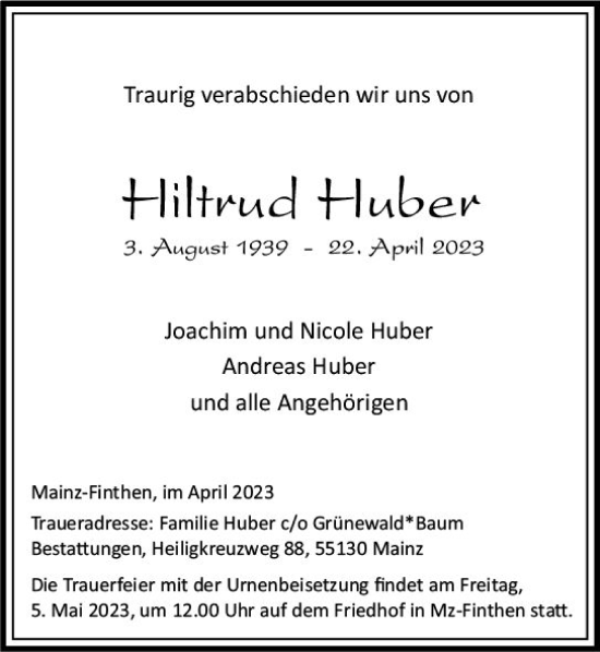 Traueranzeige von Hiltrud Huber von Allgemeine Zeitung Mainz