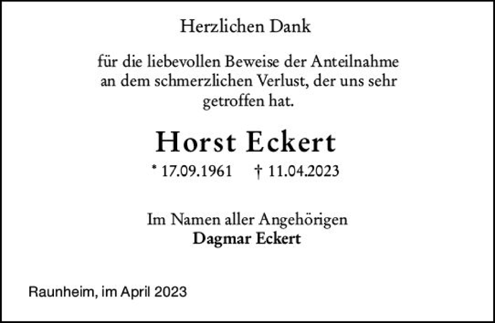  Traueranzeige für Horst Eckert vom 29.04.2023 aus Rüsselsheimer Echo
