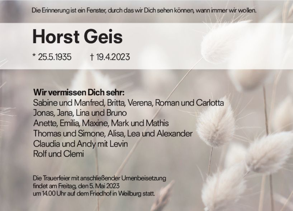 Traueranzeige für Horst Geis vom 29.04.2023 aus Weilburger Tageblatt