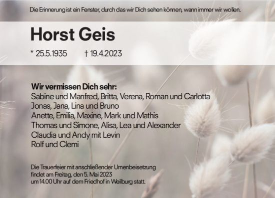 Traueranzeige von Horst Geis von Weilburger Tageblatt