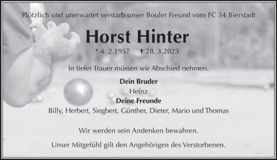 Traueranzeige von Horst Hinter von Wiesbadener Kurier