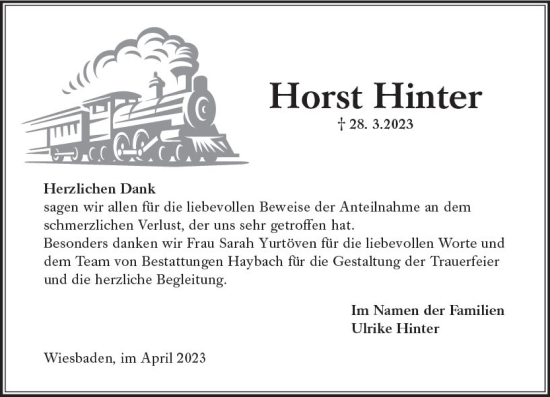 Traueranzeige von Horst Hinter von Wiesbadener Kurier