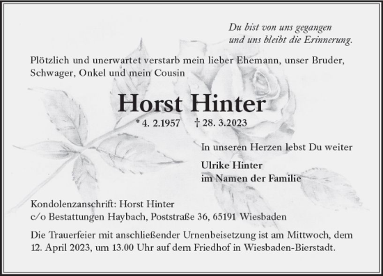 Traueranzeige von Horst Hinter von Wiesbadener Kurier