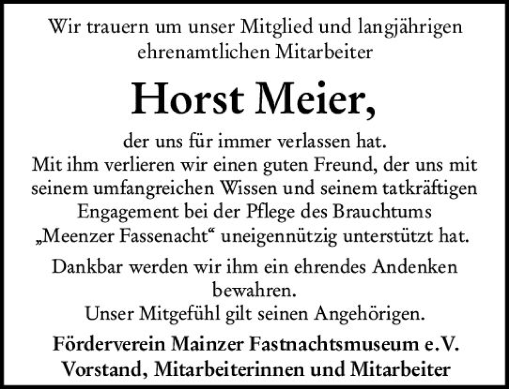  Traueranzeige für Horst Meier vom 22.04.2023 aus Allgemeine Zeitung Mainz