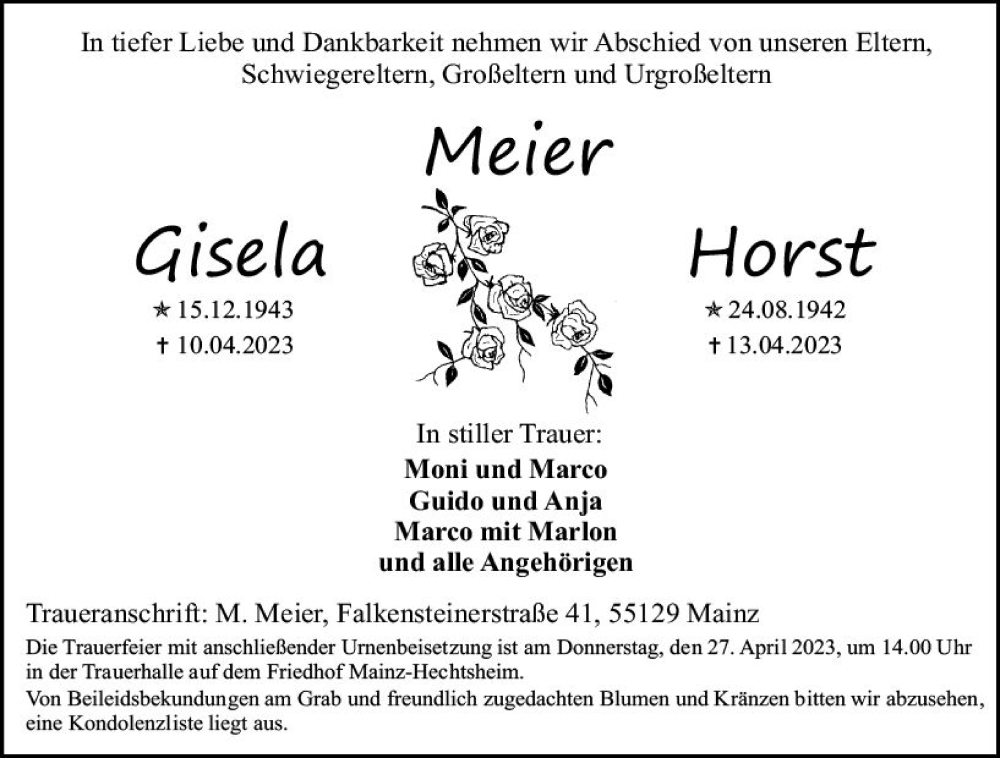  Traueranzeige für Horst Meier vom 22.04.2023 aus Allgemeine Zeitung Mainz