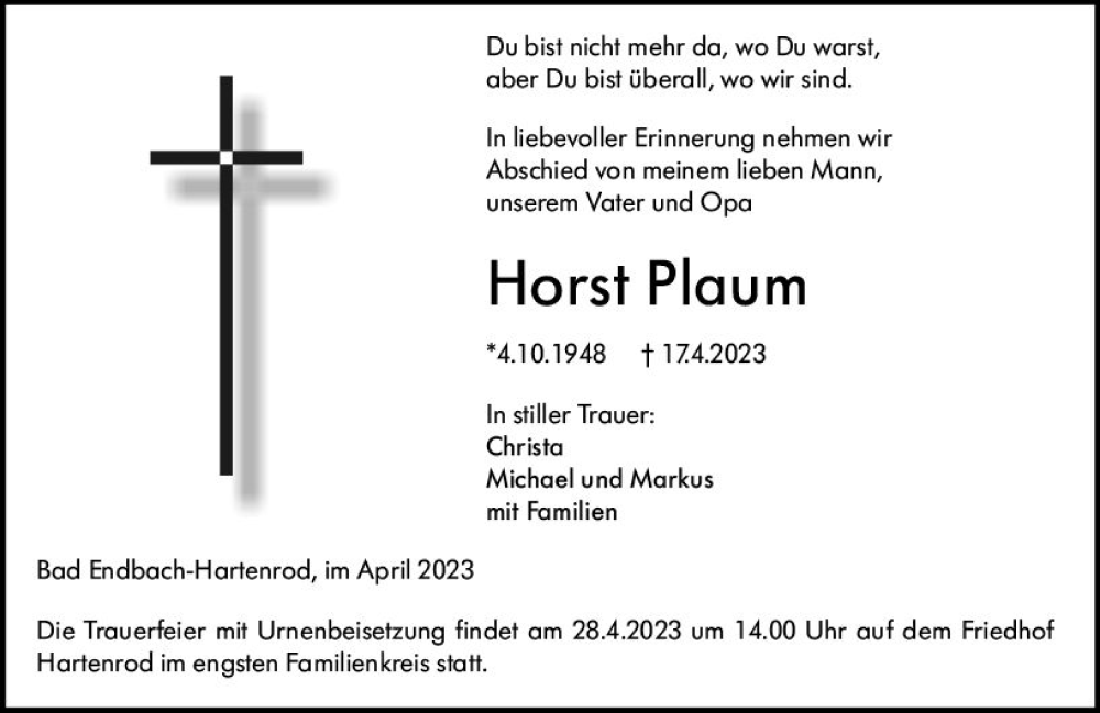  Traueranzeige für Horst Plaum vom 26.04.2023 aus Hinterländer Anzeiger