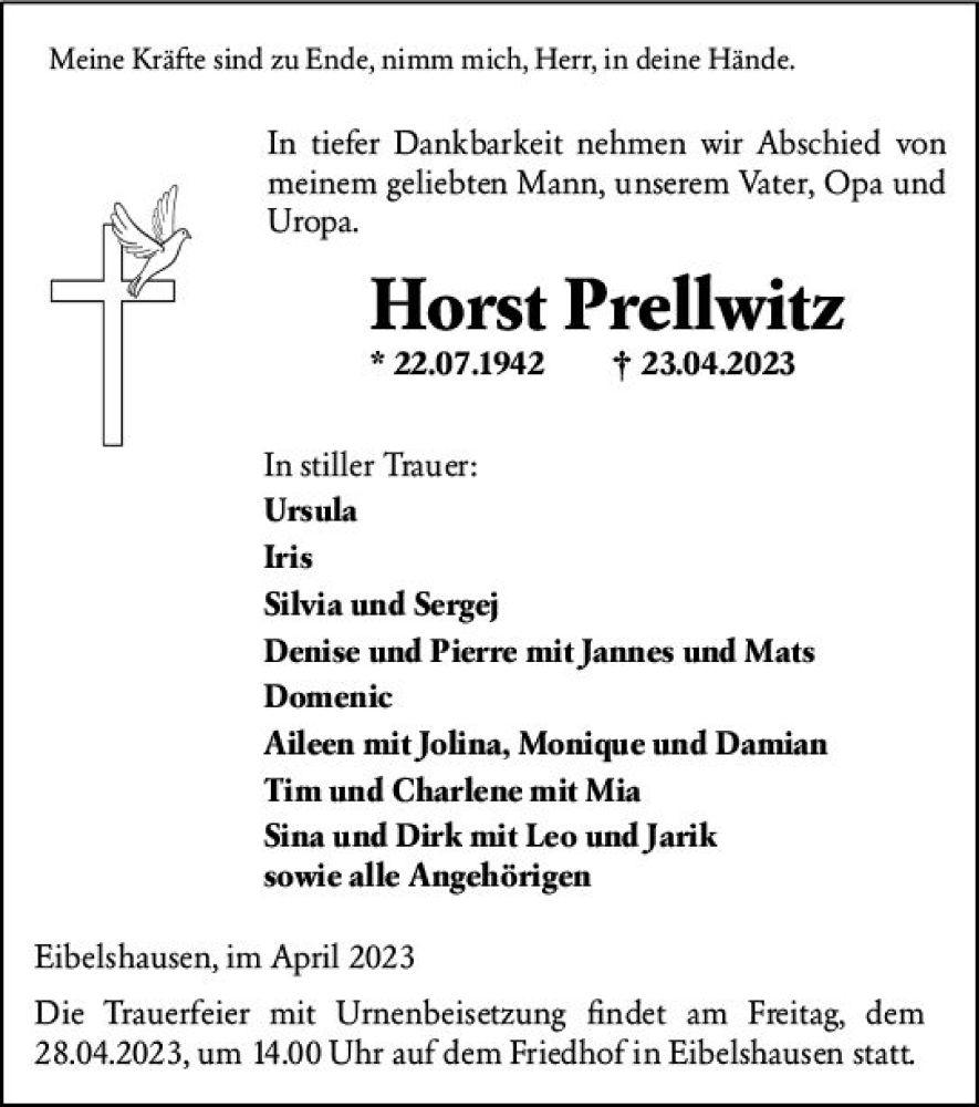  Traueranzeige für Horst Prellwitz vom 26.04.2023 aus Dill Block