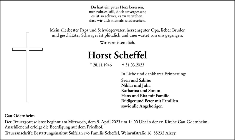  Traueranzeige für Horst Scheffel vom 04.04.2023 aus Allgemeine Zeitung Alzey