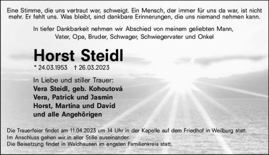 Traueranzeige von Horst Steidl von Weilburger Tageblatt