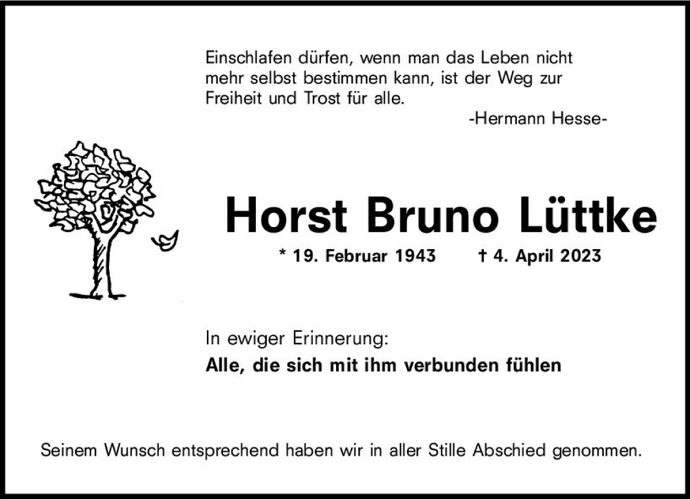  Traueranzeige für Horst Bruno Lüttke vom 15.04.2023 aus Wiesbadener Kurier