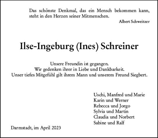 Traueranzeige von Ilse-Ingeburg Schreiner von Darmstädter Echo
