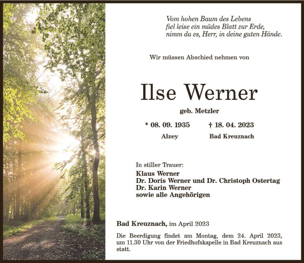  Traueranzeige für Ilse Werner vom 22.04.2023 aus Allgemeine Zeitung Bad Kreuznach
