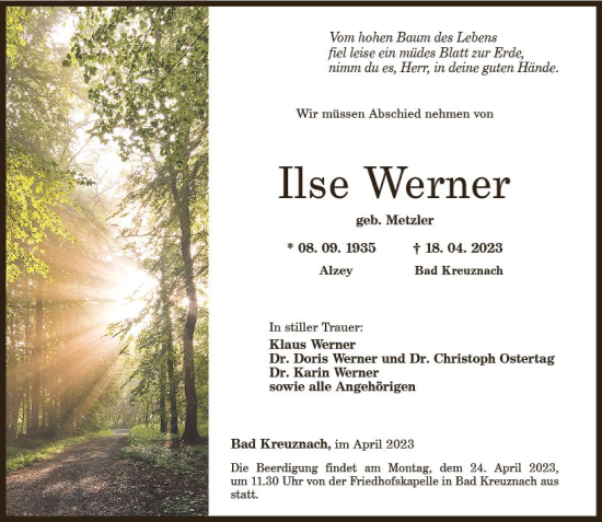 Traueranzeige von Ilse Werner von Allgemeine Zeitung Bad Kreuznach