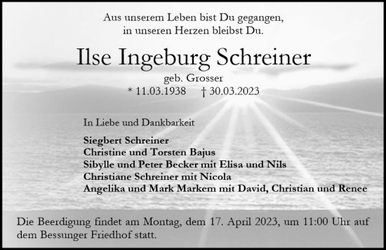 Traueranzeige von Ilse Ingeburg Schreiner von Darmstädter Echo